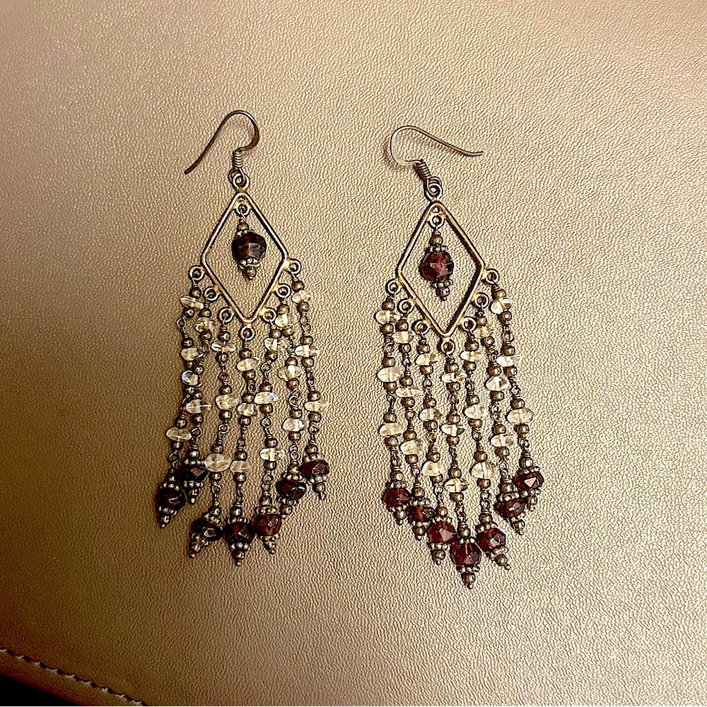 Statement Dangly Earrings Sterling Silver with Clear and Garnet Colored Beads